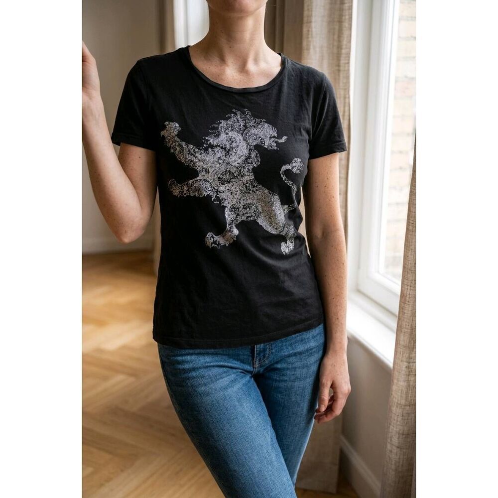 🔺️Express Black & Silver Sequined Lion Short Sleeve Top Small